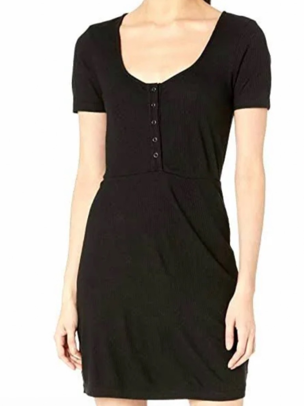 RVCA go for broke Women's Black Ribbed Button-Front Short Sleeve Dress